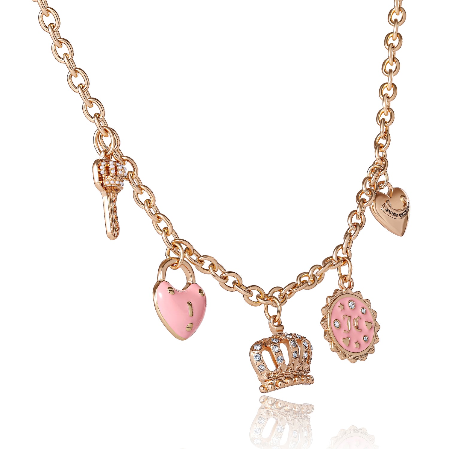 Juicy Couture Gold-Tone Charm Necklace with Pink Enamel Accents and Crystal Details