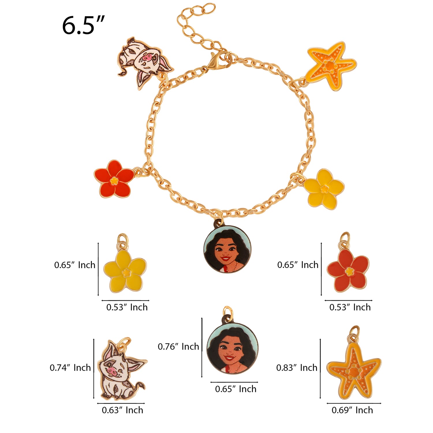 Moana Bracelet for Women with 5 Charms 6.5" Official License, Fashion Moana Charm Bracelet, Disney Jewelry for Women