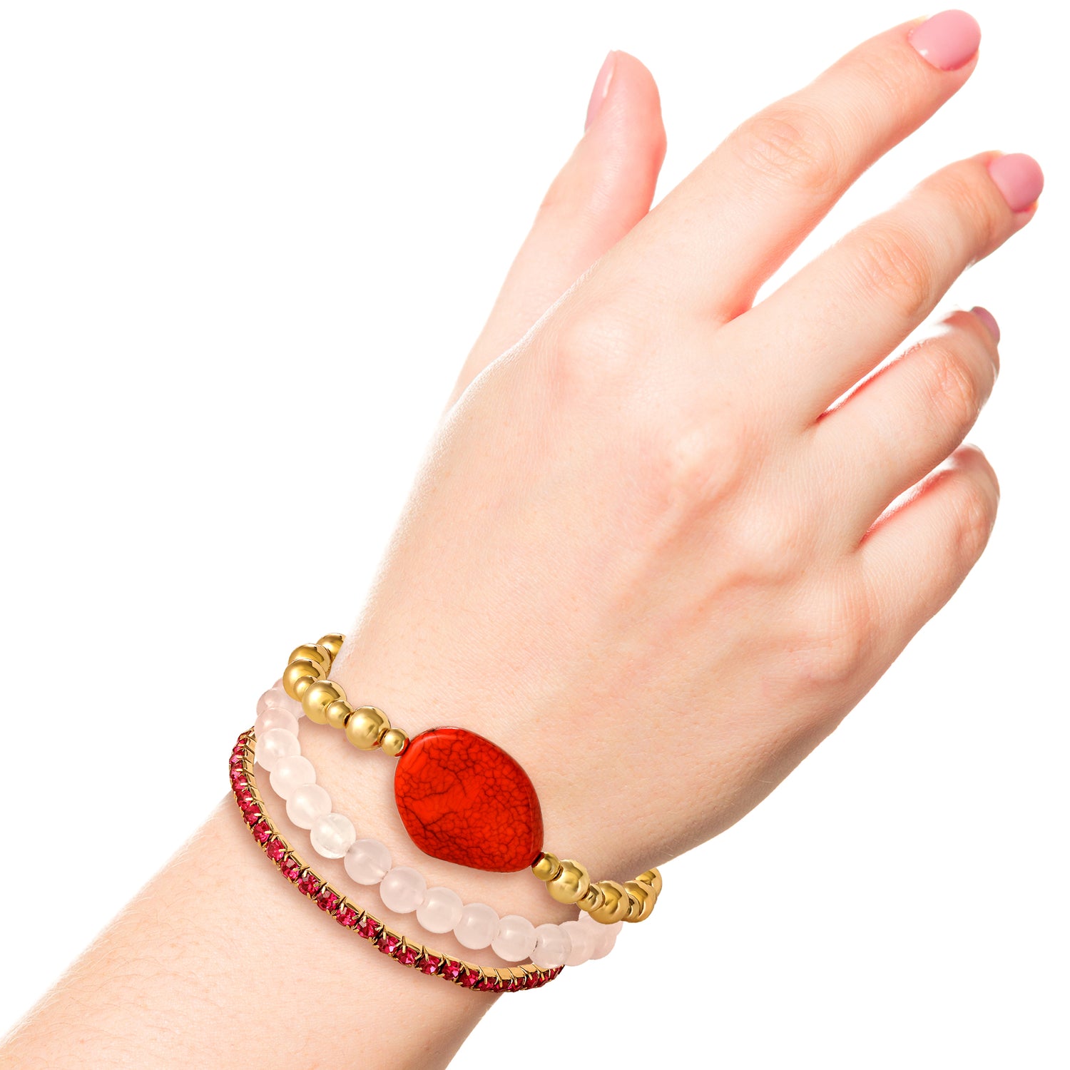 Jessica Simpson 3-Piece Beaded Stretch Bracelet Set - Gemstone & Gold-Tone Accents - Red