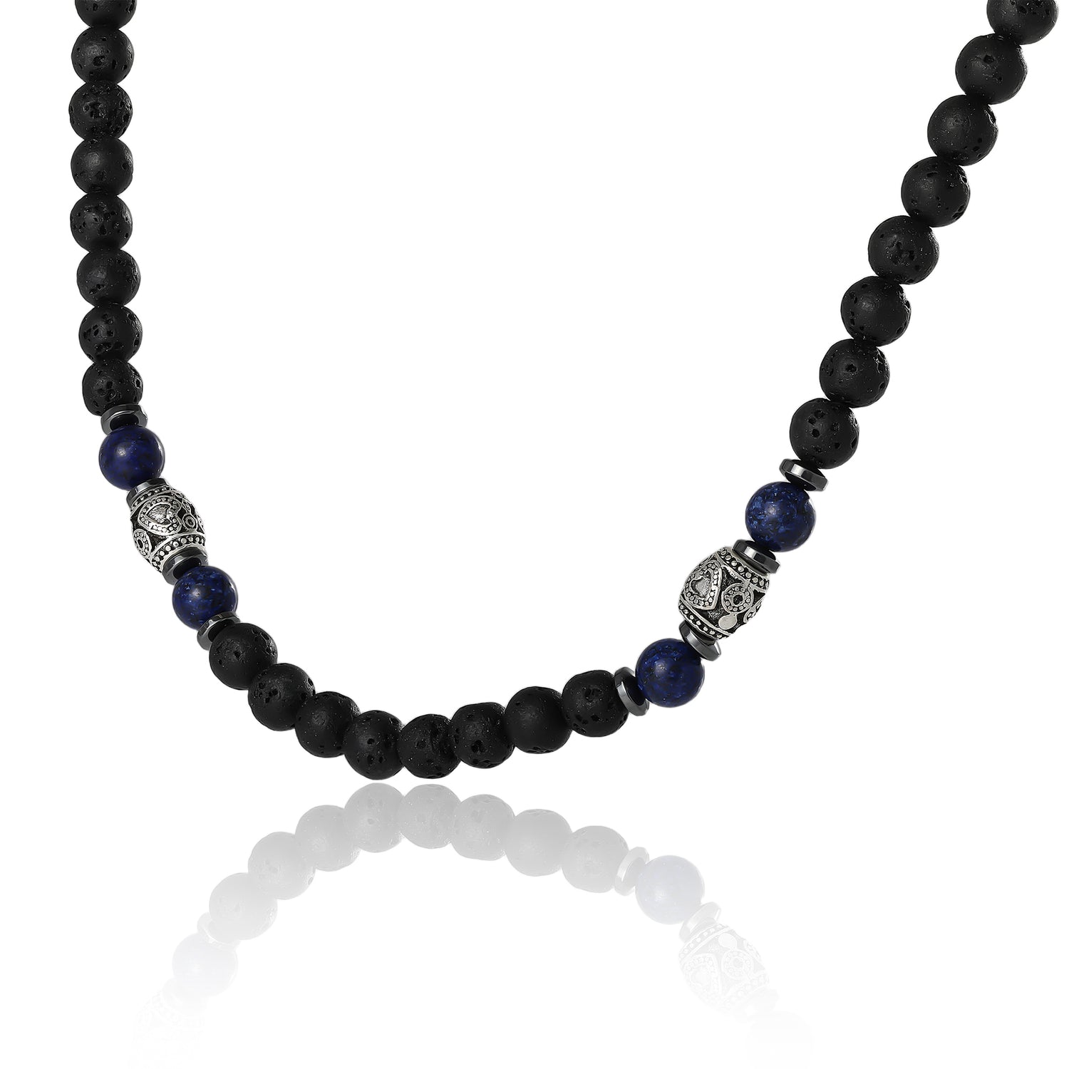 Lucky Brand Men’s Lava Rock & Lapis Beaded 22'' Necklace, Silver‑Tone Barrel Accents