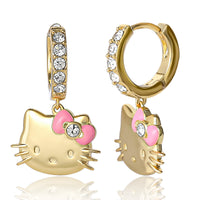 Hello Kitty Earrings for Women Official License, 18k Gold Flash-Plated and Pave Crystal Hoop Earrings with Dangle Charm