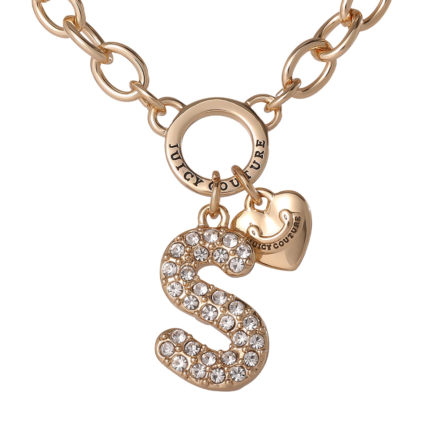Juicy Couture Bubble Letter Necklace for Women with Clear Stones 18"+2", Chunky Initial Necklace Gold-Tone - S