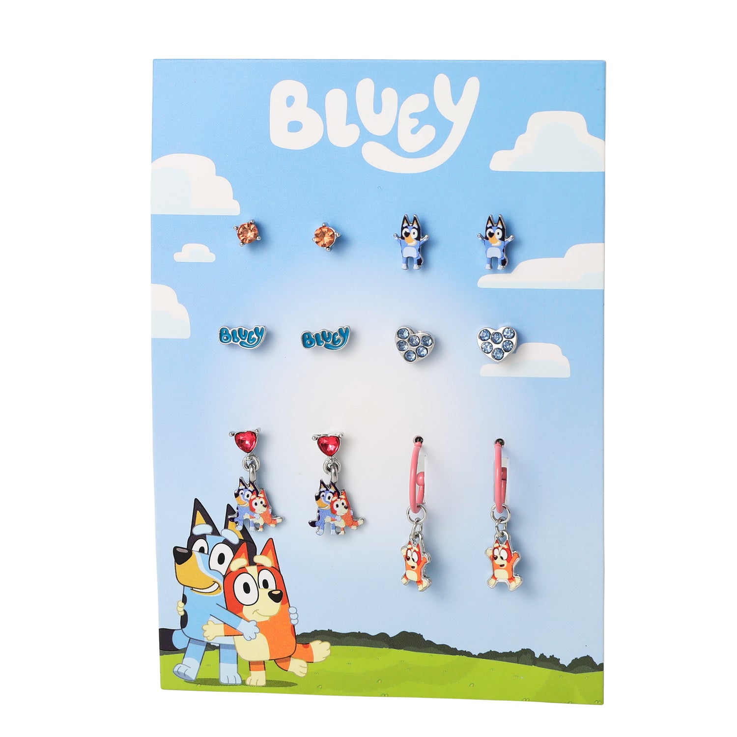 Bluey Earrings Set 6 Pairs Official License, Fashion Studs, Hoops, and Bluey and Bingo Dangle Charm Earrings with Crystals