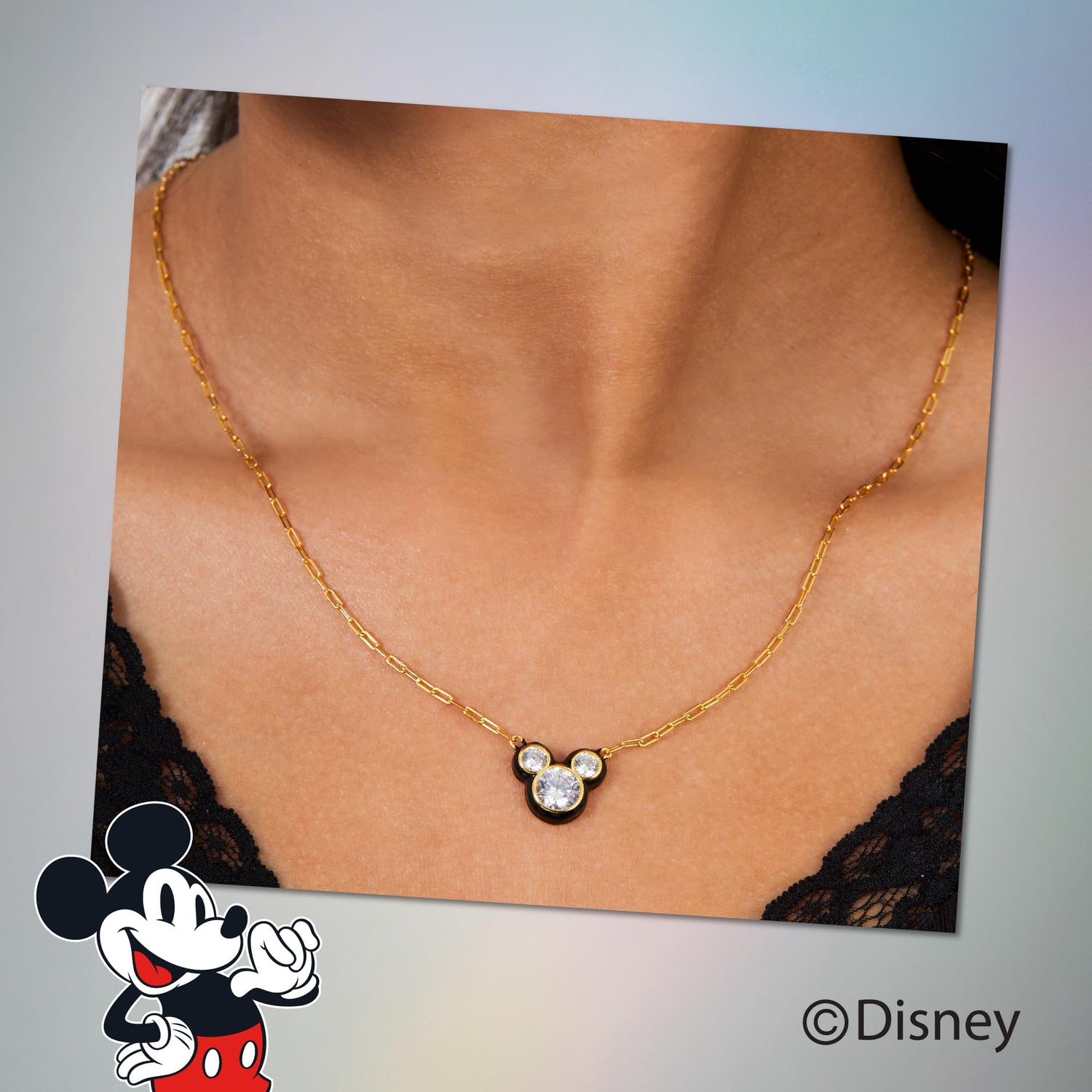 Disney Mickey Mouse Cubic Zirconia and Enamel Necklace Official License 18", Flash-Plated Necklace