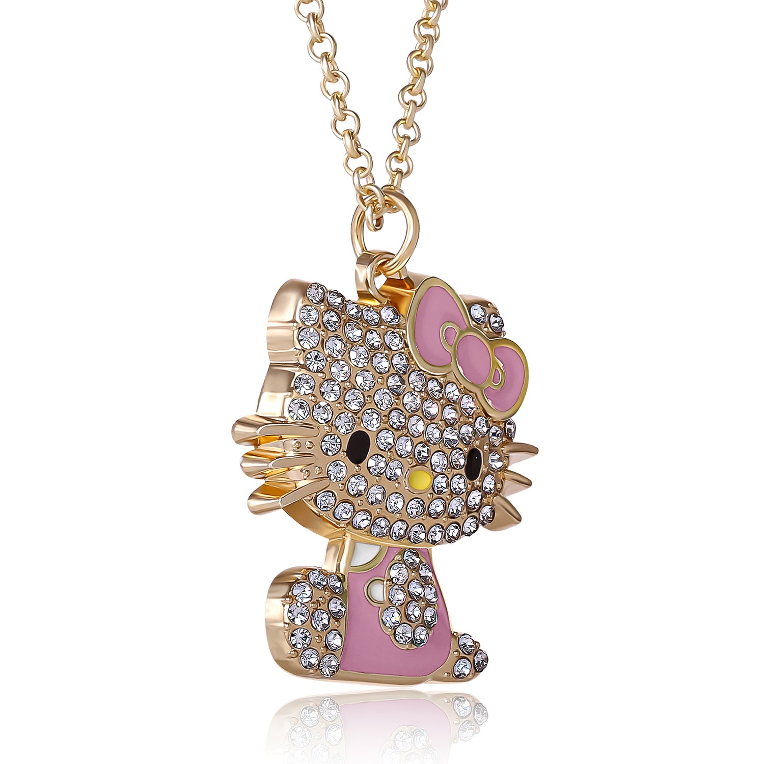 SALLY ROSE Hello Kitty Pink Enamel and Pave Crystal Pendant Necklace Official License, Gold-Tone 16+3 Hello Kitty Necklace, Sanrio Gifts - Pink