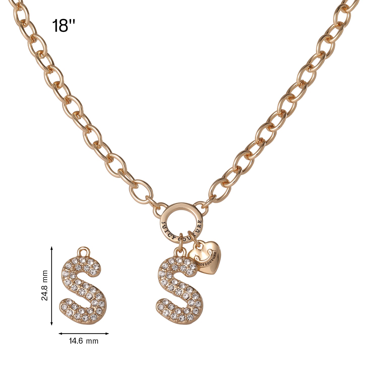 Juicy Couture Bubble Letter Necklace for Women with Clear Stones 18"+2", Chunky Initial Necklace Gold-Tone - S
