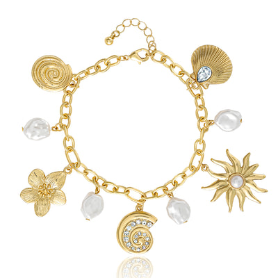 Jessica Simpson Gold-Tone Celestial Charm Bracelet with Imitation Pearls, Adjustable