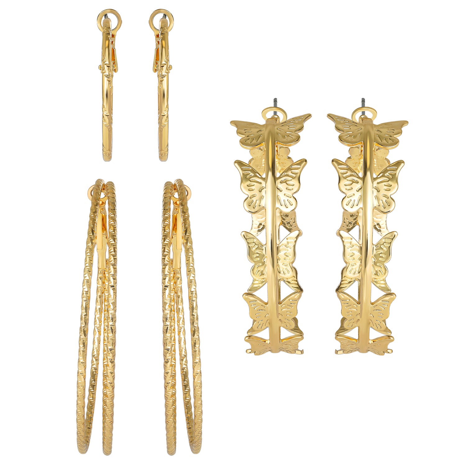 Jessica Simpson 3-Piece Gold-Tone Hoop Earring Set with Butterfly Details