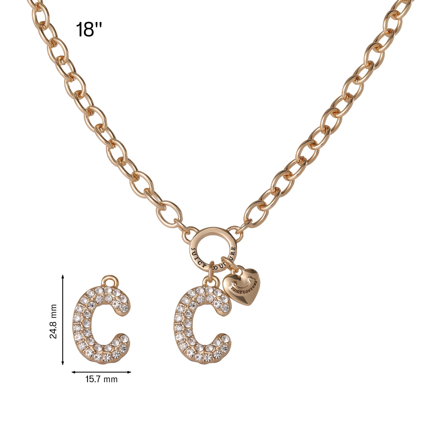 Juicy Couture Bubble Letter Necklace for Women with Clear Stones 18"+2", Chunky Initial Necklace Gold-Tone - C
