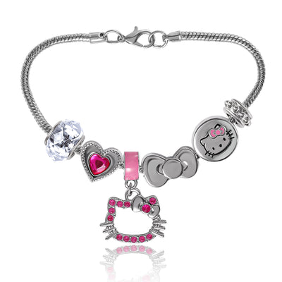 Sanrio Hello Kitty 7'' Fashion Charm Bead Bracelet with Pink Enamel and Crystal Beads