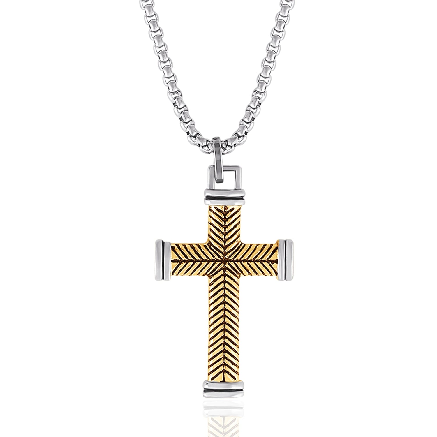 Lucky Brand Stainless Steel Cross Necklace for Men 24", Two-Tone Cross Pendant Necklace, Cross Jewelry