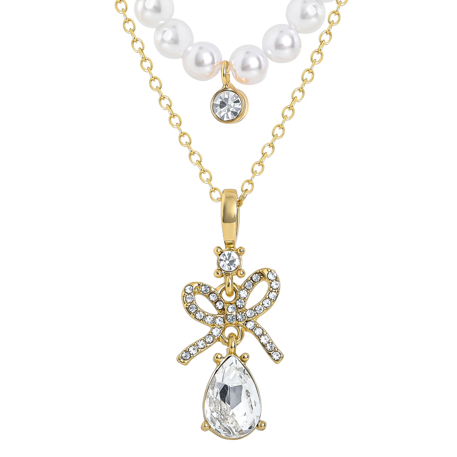 Celebrity Pink Layered Necklaces for Women with Crystal Teardrop Pendant