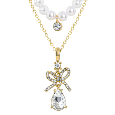 Celebrity Pink Layered Necklaces for Women with Crystal Teardrop Pendant