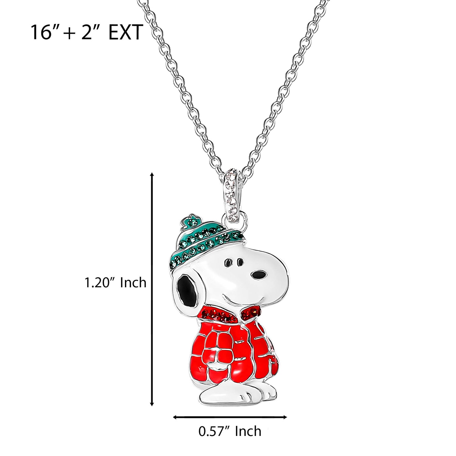SALLY ROSE Peanuts Snoopy Pendant Necklace with Crystals, 16"+2" Silver Flash-Plated Snoopy Necklace for Women Official License