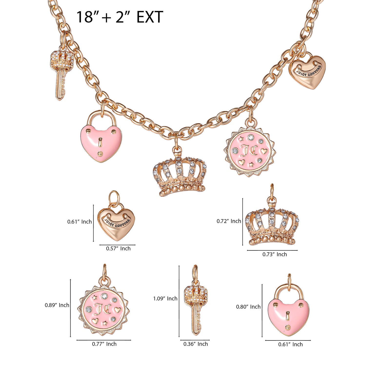 Juicy Couture Gold-Tone Charm Necklace with Pink Enamel Accents and Crystal Details