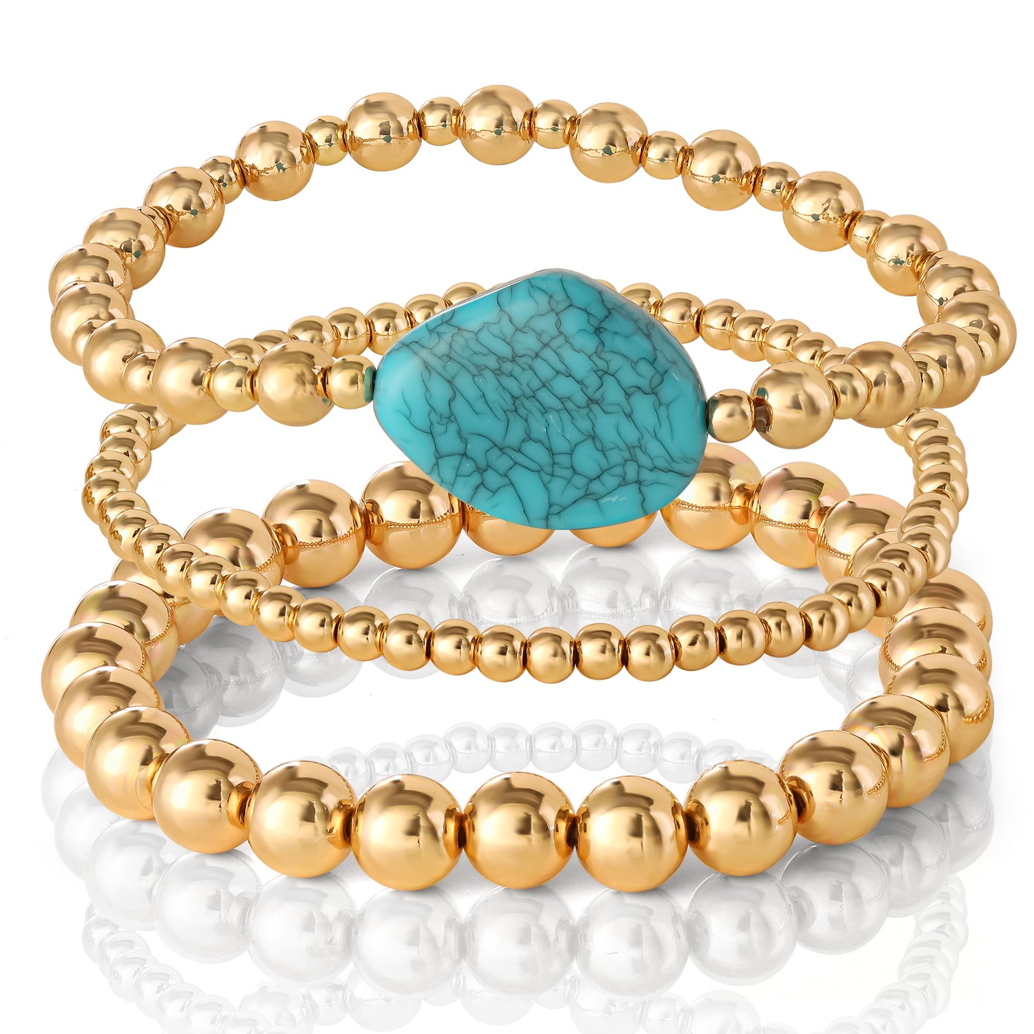 Jessica Simpson 3-Piece Beaded Stretch Bracelet Set - Gemstone & Gold-Tone Accents - Turquoise