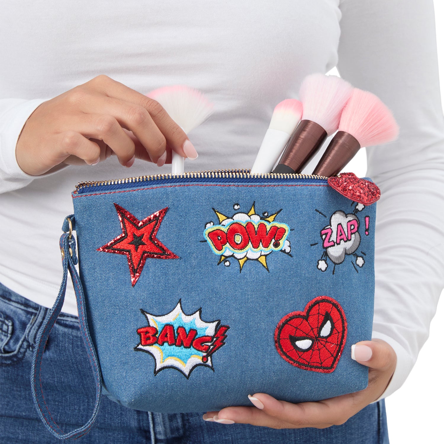Marvel SpiderMan Denim Patch Cosmetic Pouch with Comic Pop Embellishments