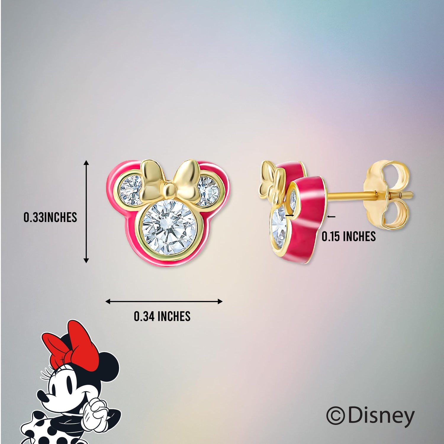 Disney Minnie Mouse Cubic Zirconia and Enamel Stud Earrings, Flash-Plated Earrings Official License