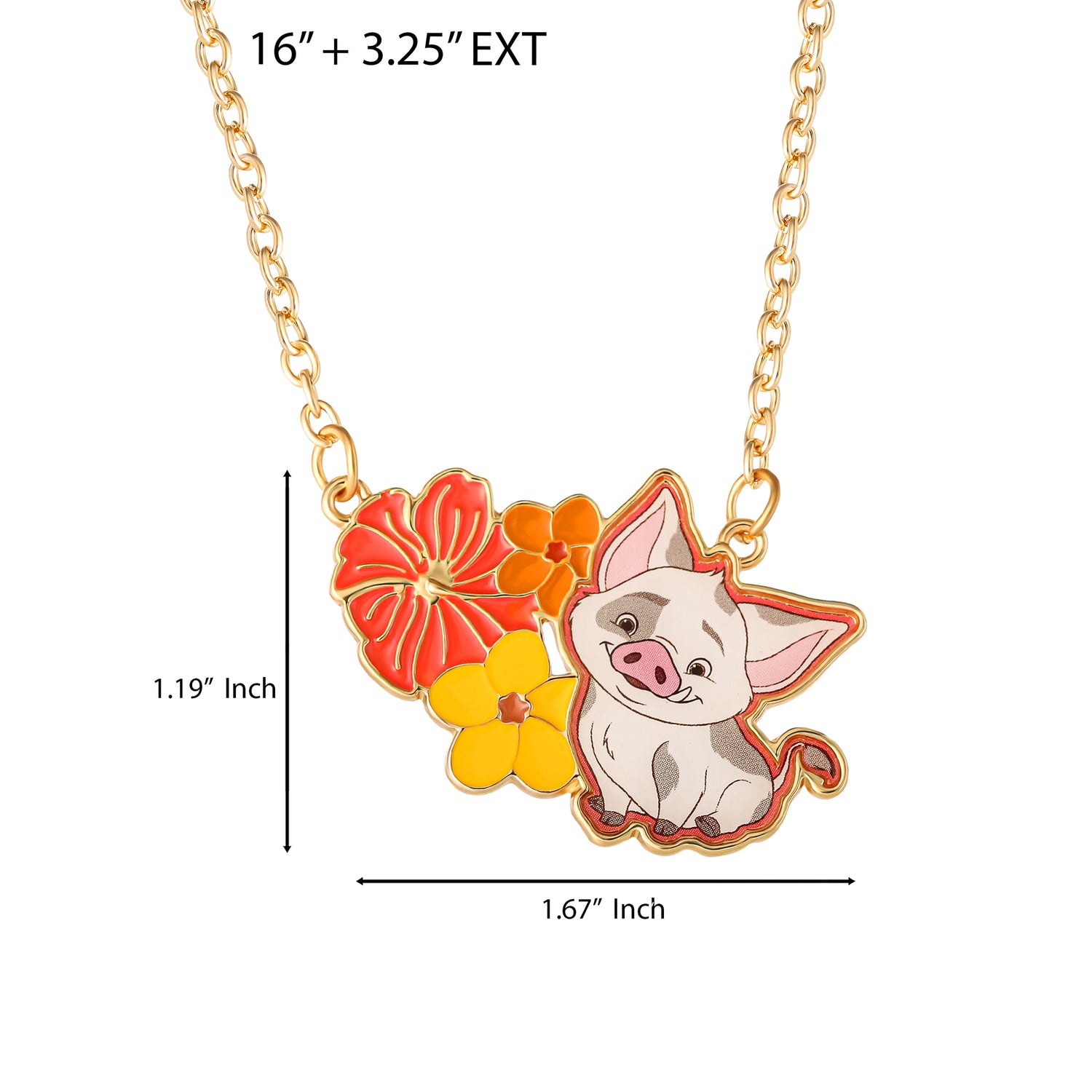 Moana Necklace for Women 16"+3.25" Official License, Fashion Pua and Flowers Pendant Necklace, Disney Jewelry for Women