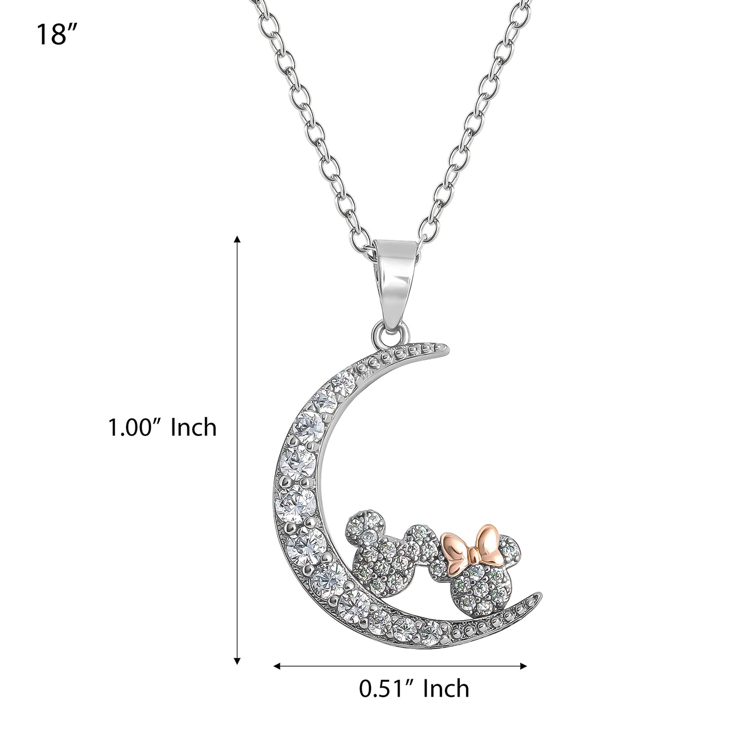 Minnie and Mickey Mouse Moon Necklace for Women 18", Cubic Zirconia