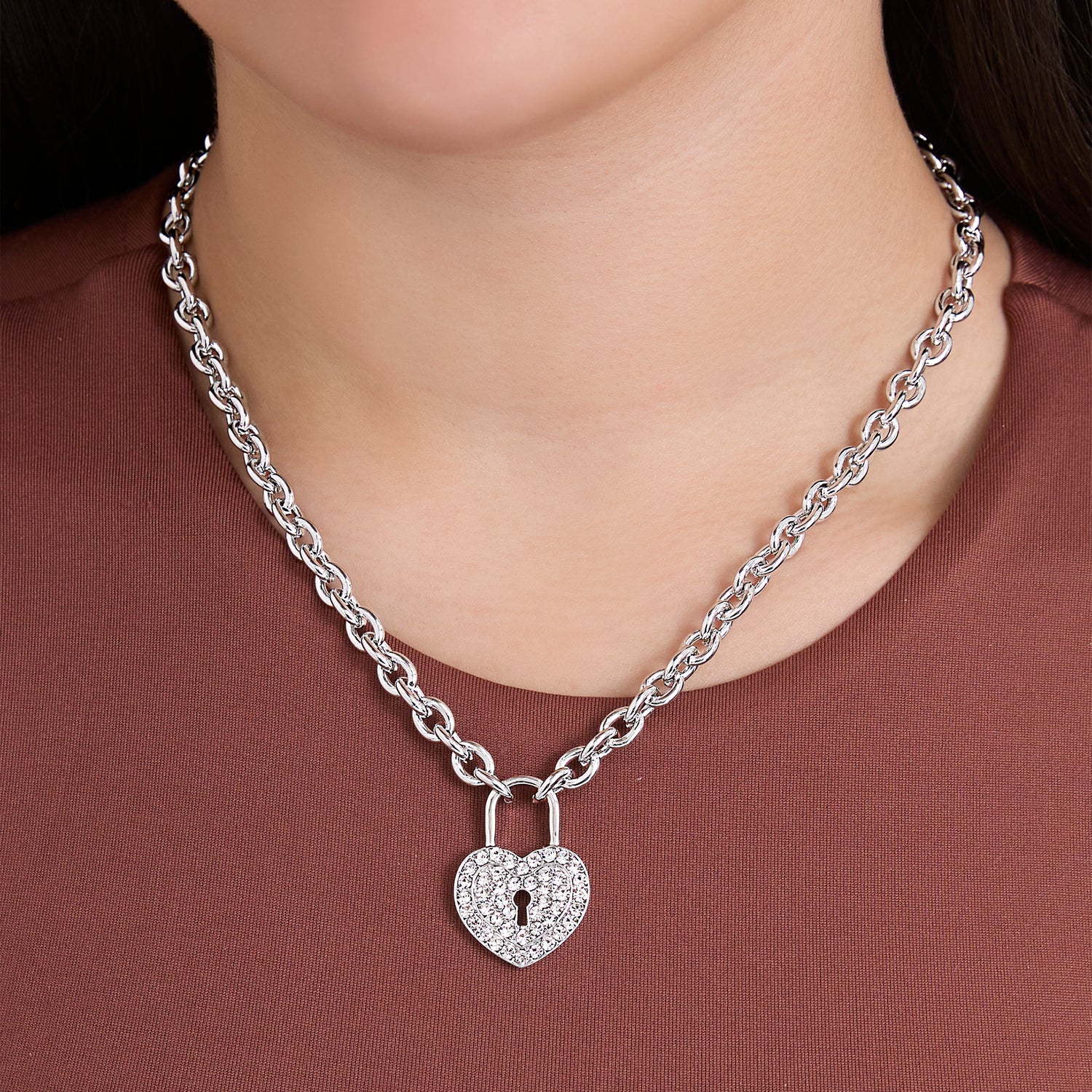 Jessica Simpson Silver-Tone Pave Crystal Heart Lock Necklace