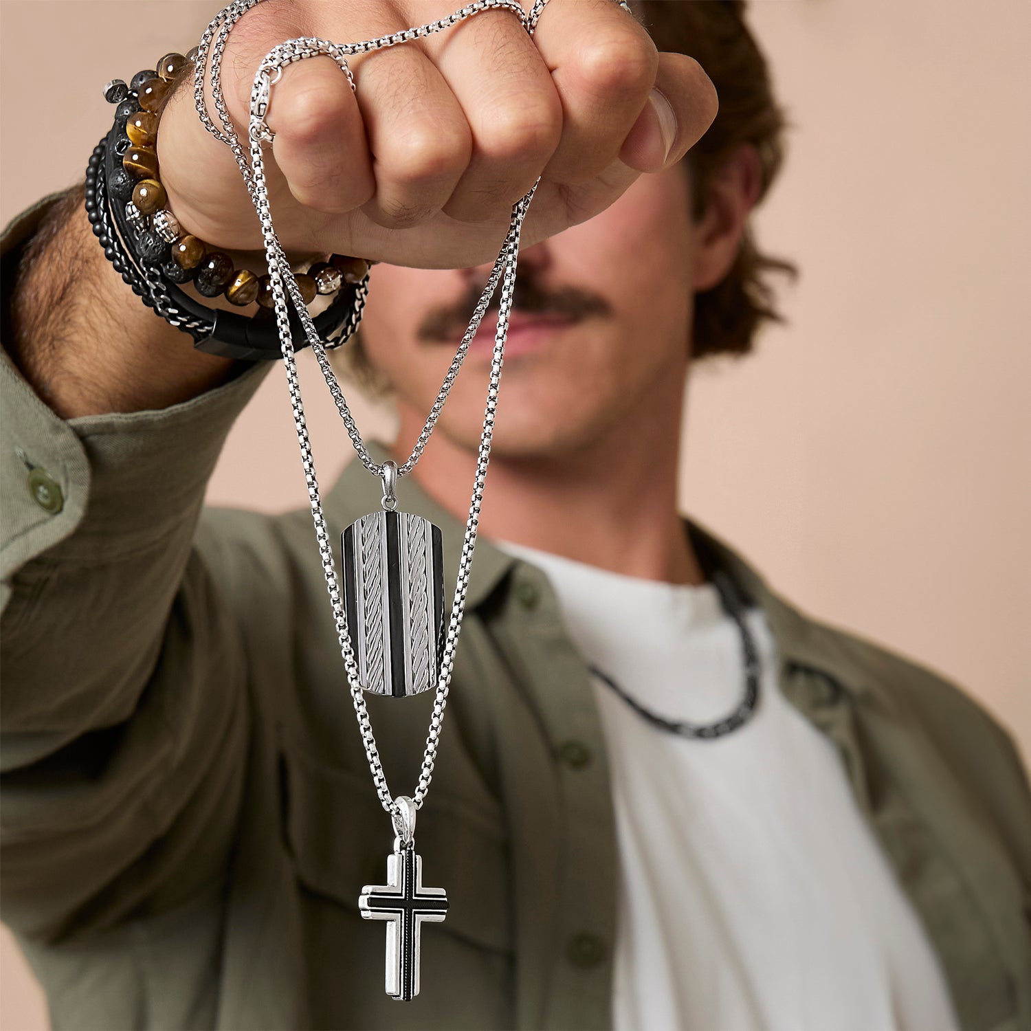 Lucky Brand Stainless Steel Cross Necklace for Men 24", Two-Tone Pendant Necklace, Cross Jewelry