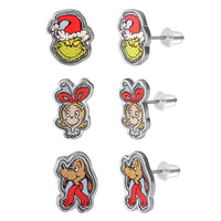 Dr. Seuss The Grinch Stud Earrings Pack of 3 Pairs Official License, Fashion Christmas Earrings for Women