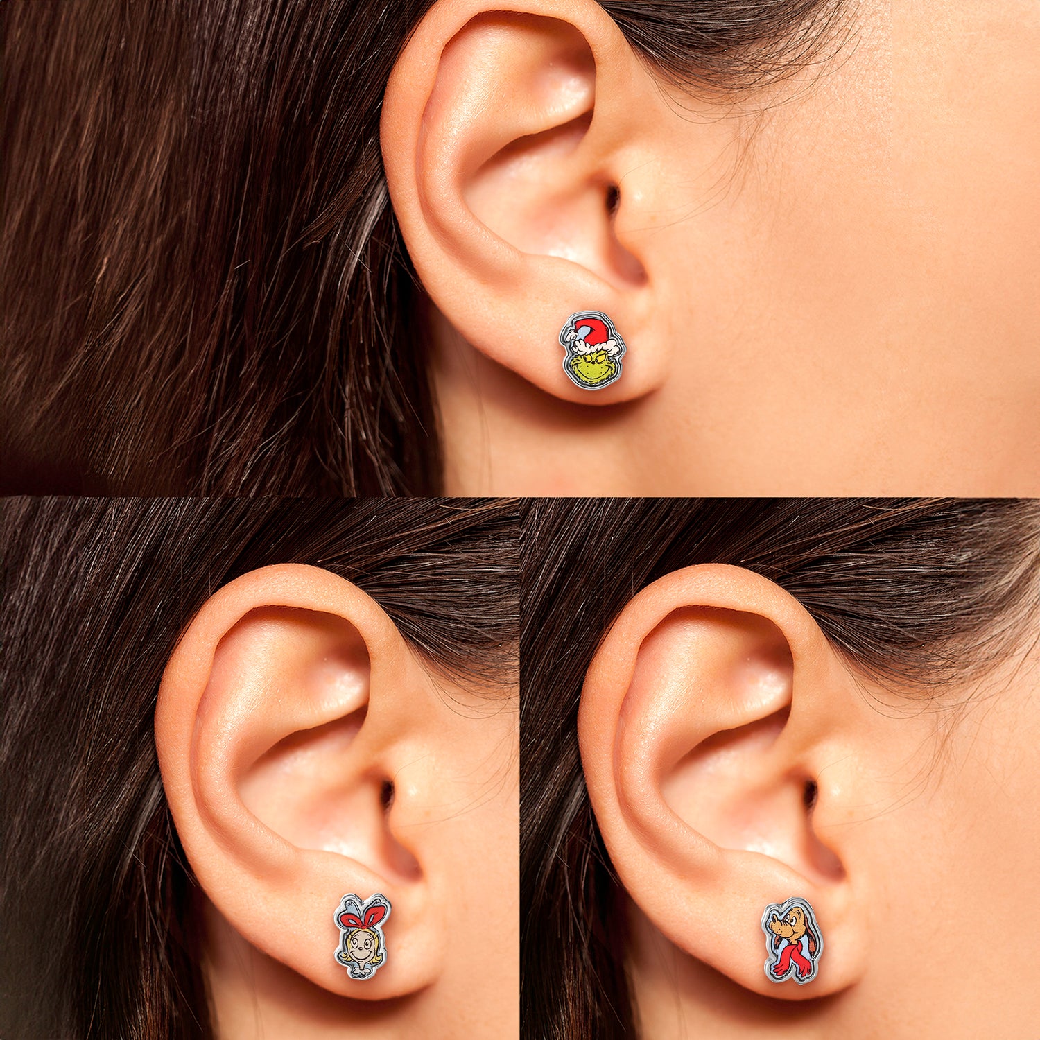 Dr. Seuss The Grinch Stud Earrings Pack of 3 Pairs Official License, Fashion Christmas Earrings for Women