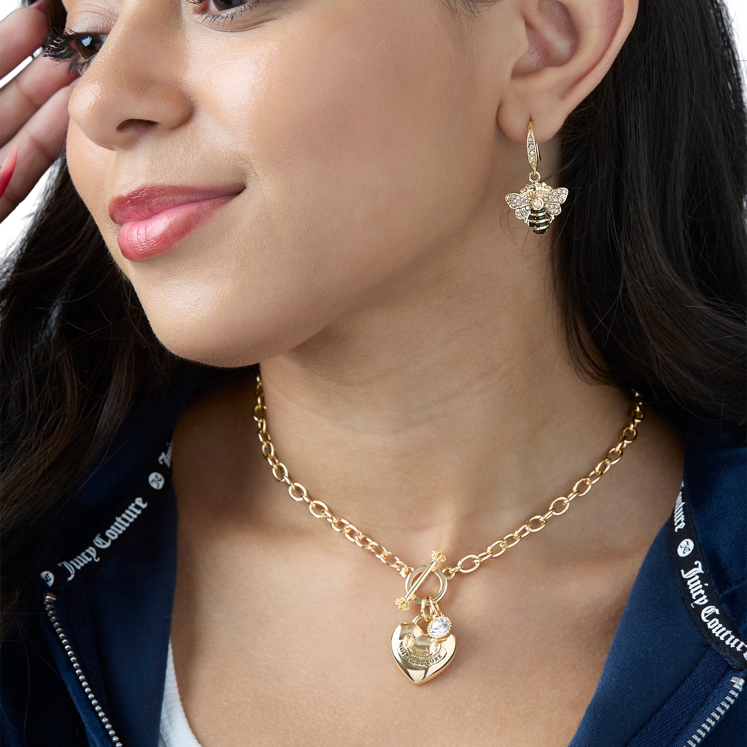 Juicy Couture Rhinestone and Black Enamel Bee Earrings for Women, Gold-Tone