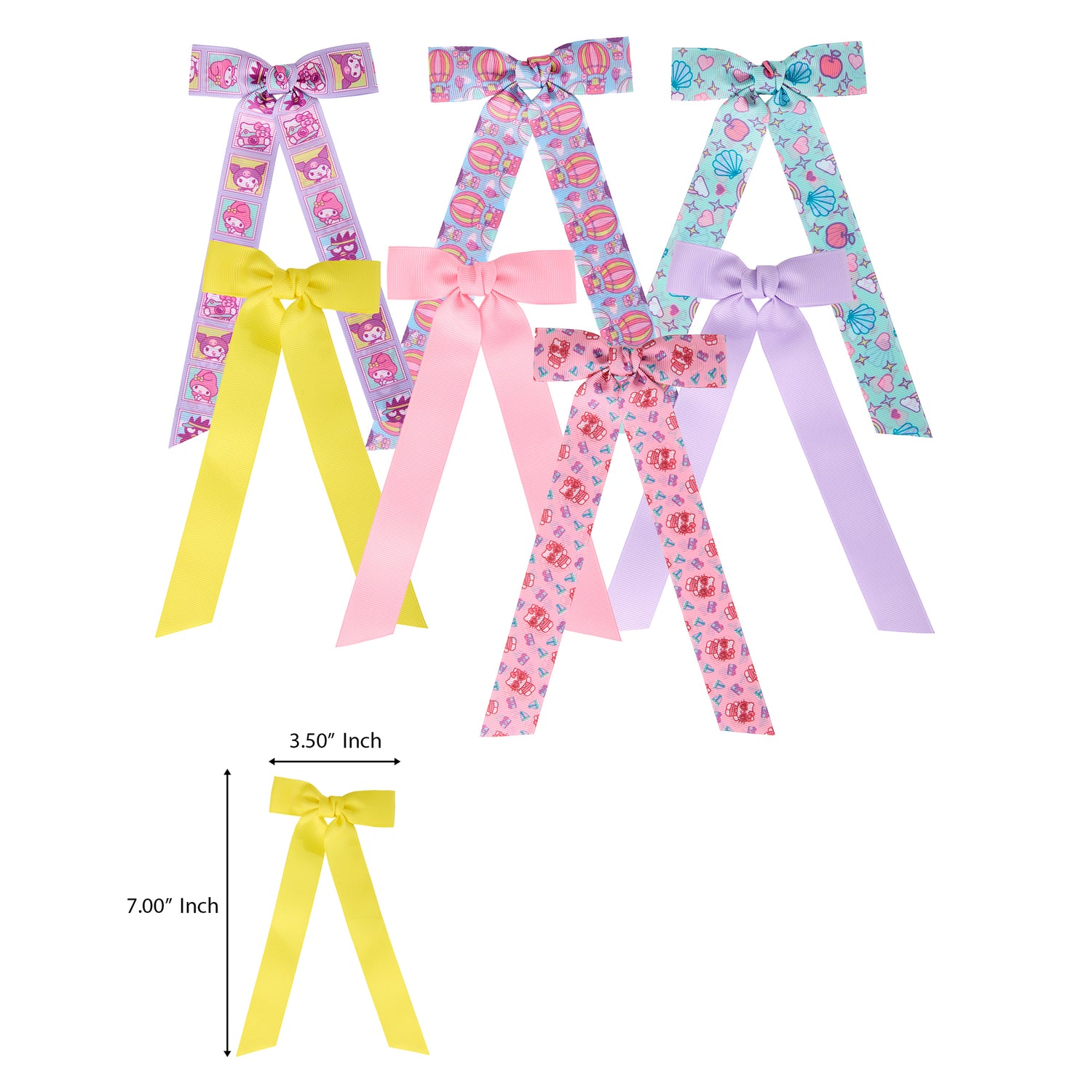 Hello Kitty and Friends Long Hair Bows 7-Piece Set Official License, Sanrio Hair Accessories with Kuromi and My Melody