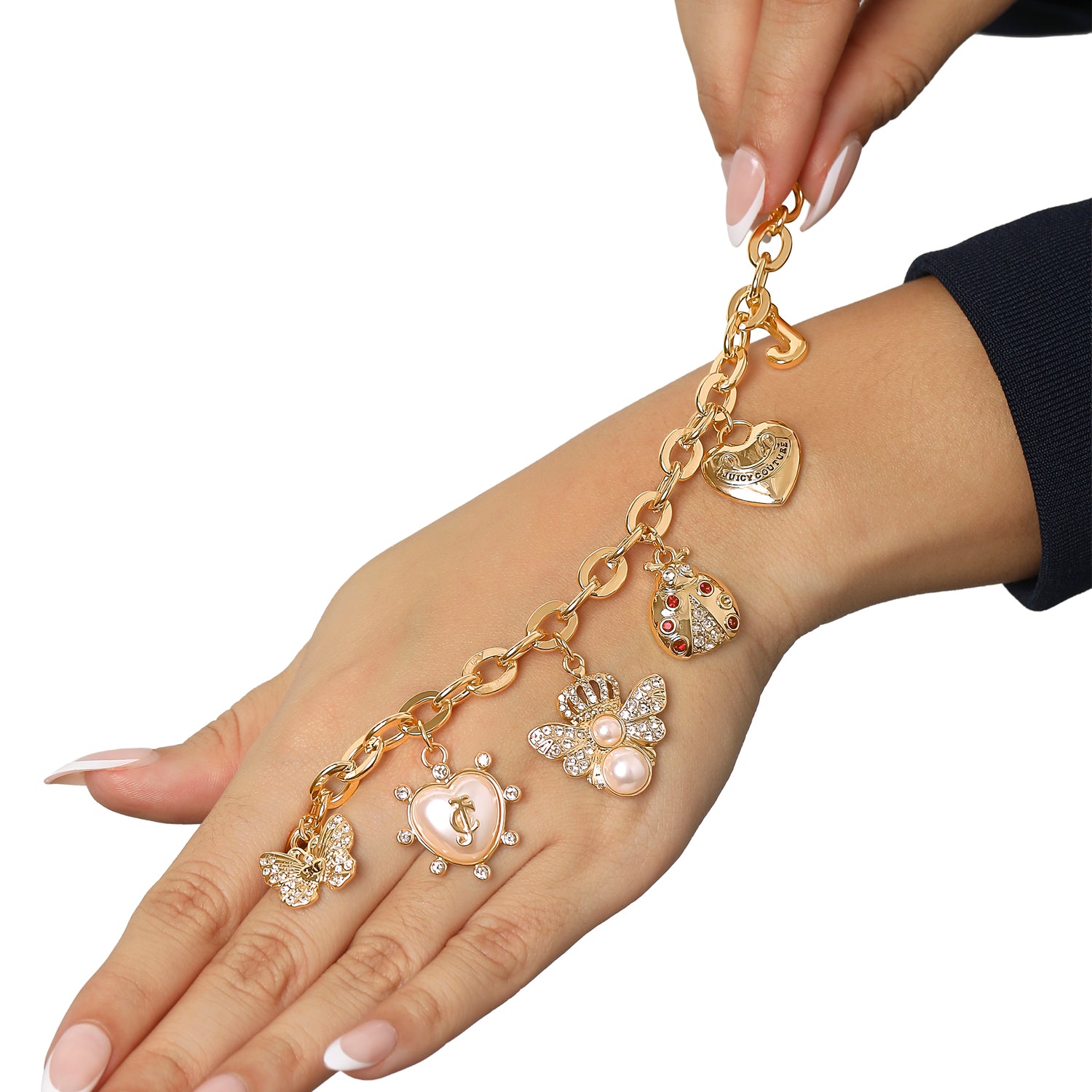 Juicy Couture Pearl & Icon Charm Bracelet, Gold‑Tone Link with Faux Pearls