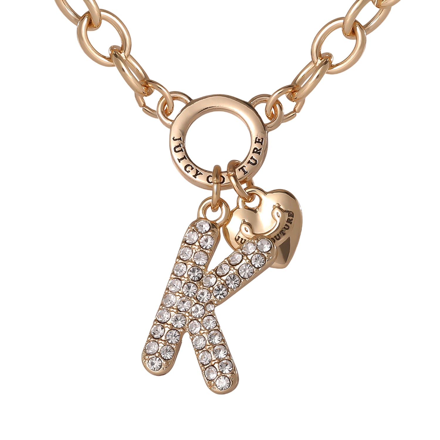 Juicy Couture Bubble Letter Necklace for Women with Clear Stones 18"+2", Chunky Initial Necklace Gold-Tone - K