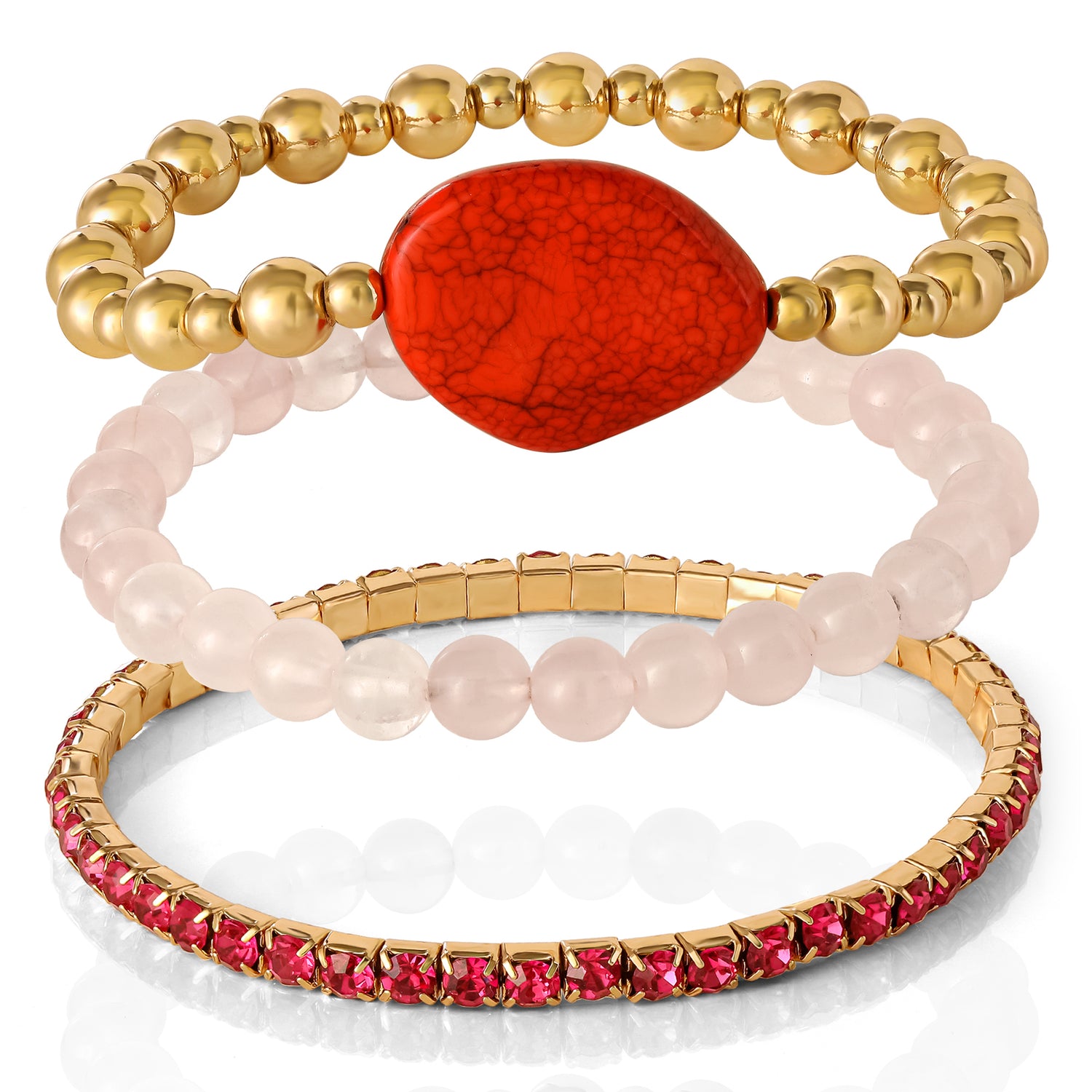 Jessica Simpson 3-Piece Beaded Stretch Bracelet Set - Gemstone & Gold-Tone Accents - Red