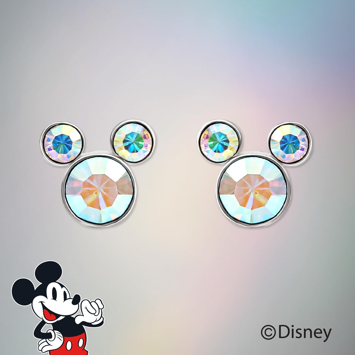 Disney Womens Mickey Mouse Aurora Boreal Crystal Stud Earrings, Sterling Silver Stud Earrings Official License