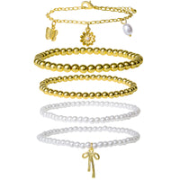 Celebrity Pink Stackable Beaded and Charm Bracelets for Women 5-Piece Set