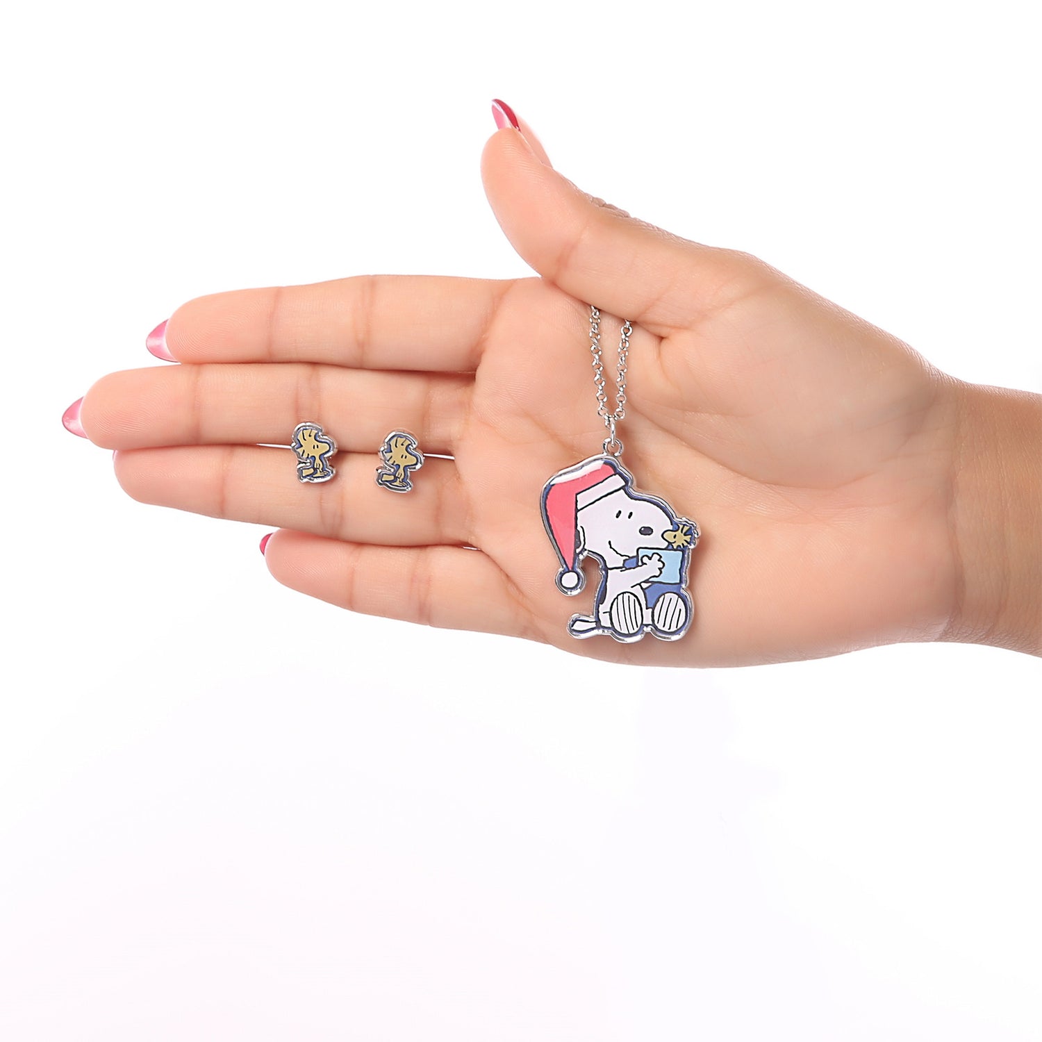 SALLY ROSE Peanuts Snoopy and Woodstock Christmas Necklace and Stud Earrings Set Official License, Fashion Earrings and 16"+2" Necklace