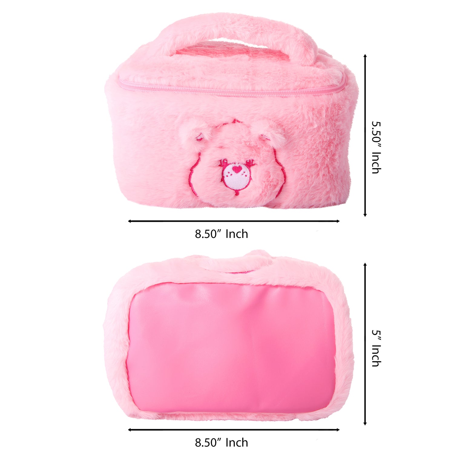 SALLY ROSE Care Bears Fluffy Pink Make Up Bag Official License, Plush Cheer Bear Cosmetic Bag with Zip and Handle, Cute Makeup Bag