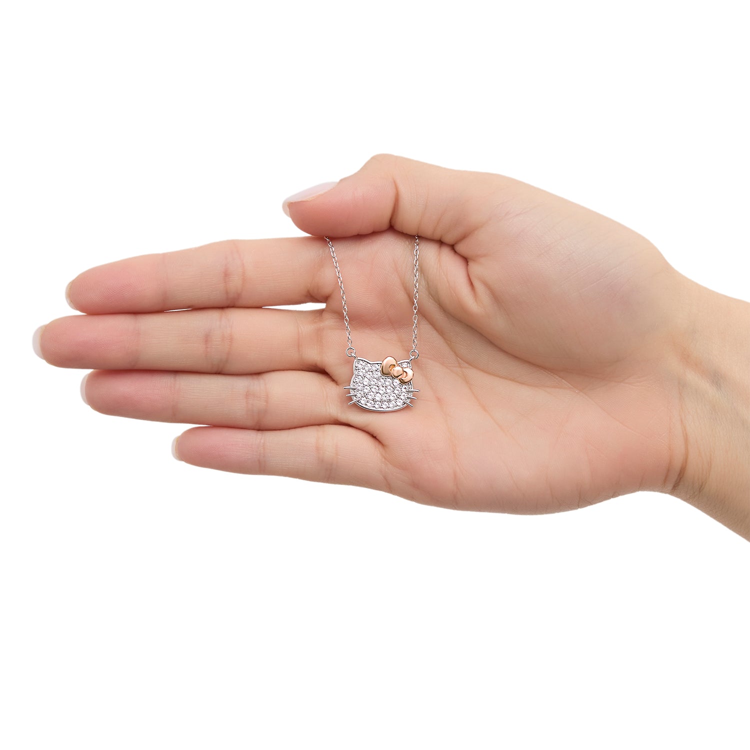 Hello Kitty Face Necklace 18", Sterling Silver with Created White Sapphire Pavé and Rose Gold-Tone Bow, Official License
