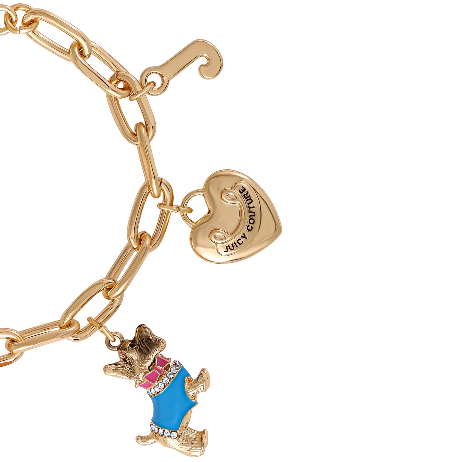 Juicy Couture Pink and Gold Charm Bracelet with Bow, Dog, and Heart - 7.5''