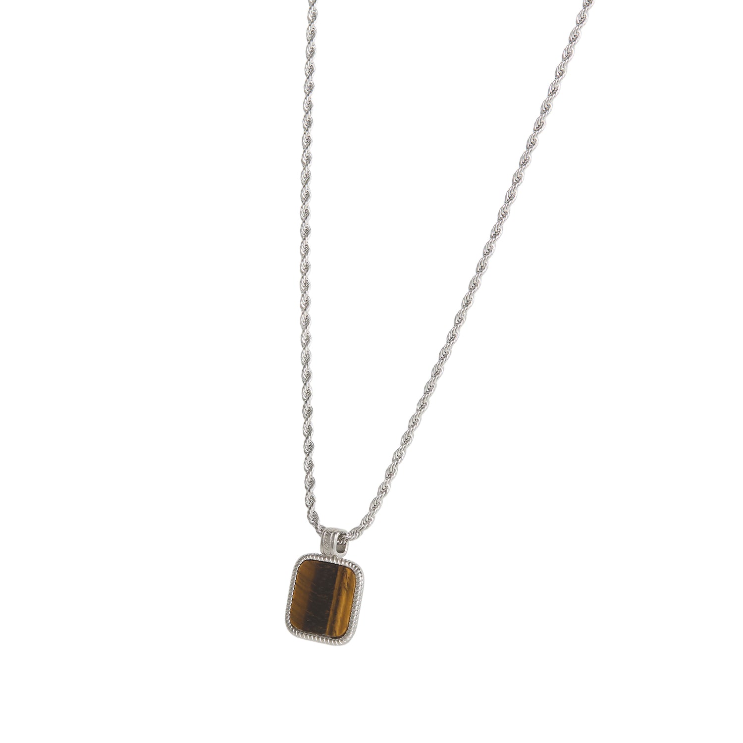 Lucky Brand Mens Stainless Steel Necklace with Tigers Eye Pendant