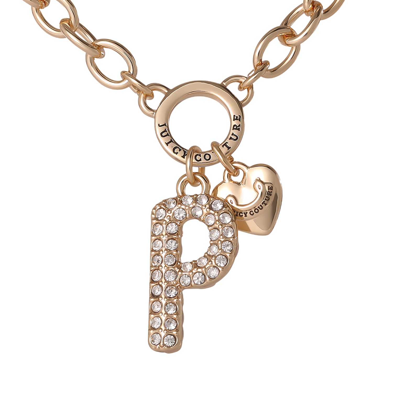 Juicy Couture Bubble Letter Necklace for Women with Clear Stones 18"+2", Chunky Initial Necklace Gold-Tone - P
