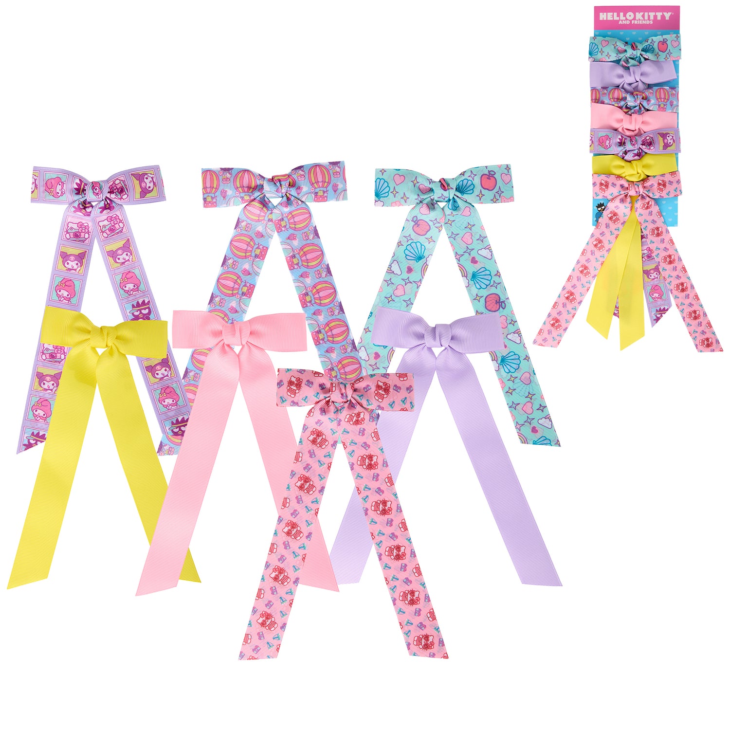 Hello Kitty and Friends Long Hair Bows 7-Piece Set Official License, Sanrio Hair Accessories with Kuromi and My Melody