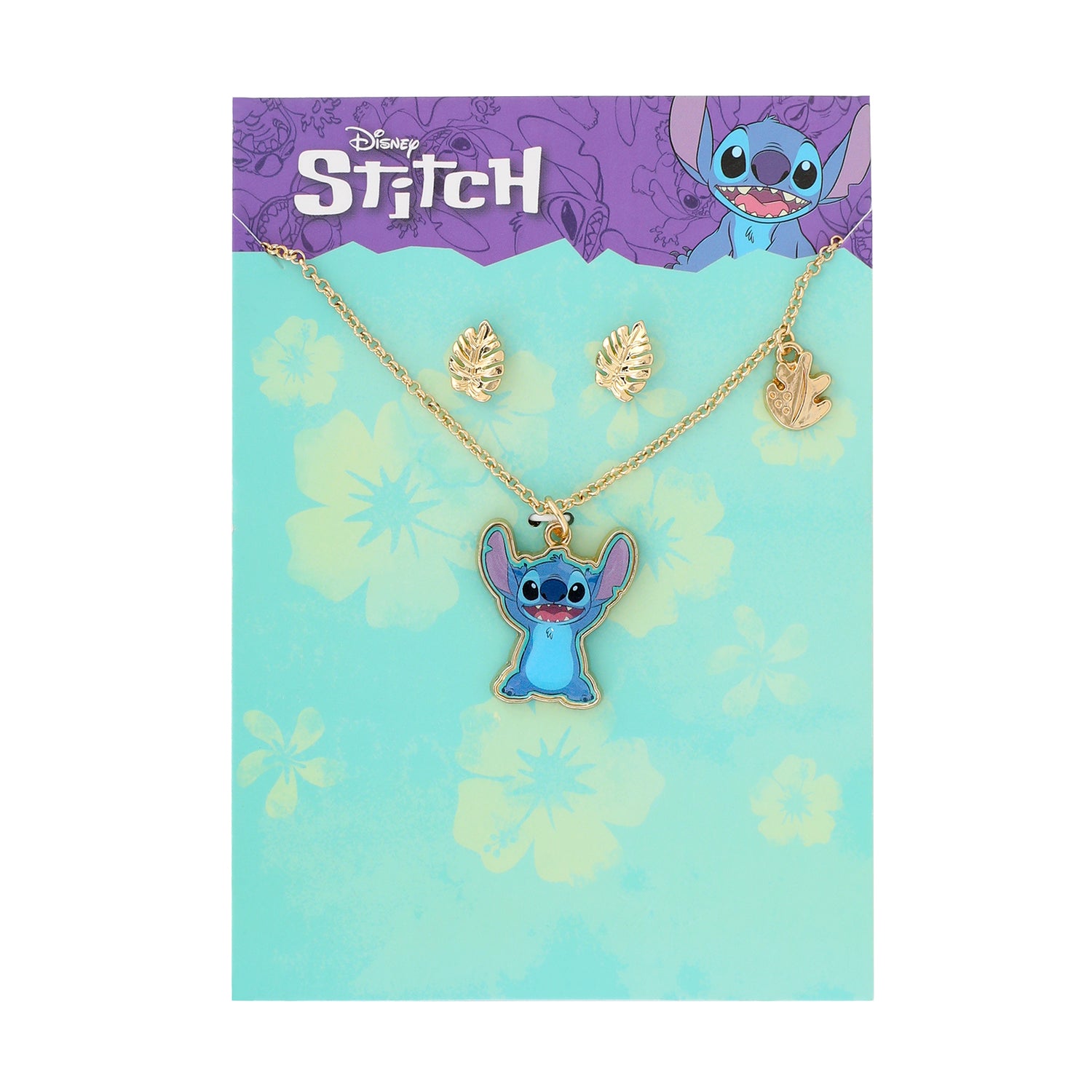 Disney Stitch Jewelry Set Official License with 16+3 Necklace and Palm Leaf Earrings, Gold Tone Fashion Necklace and Stud Earrings