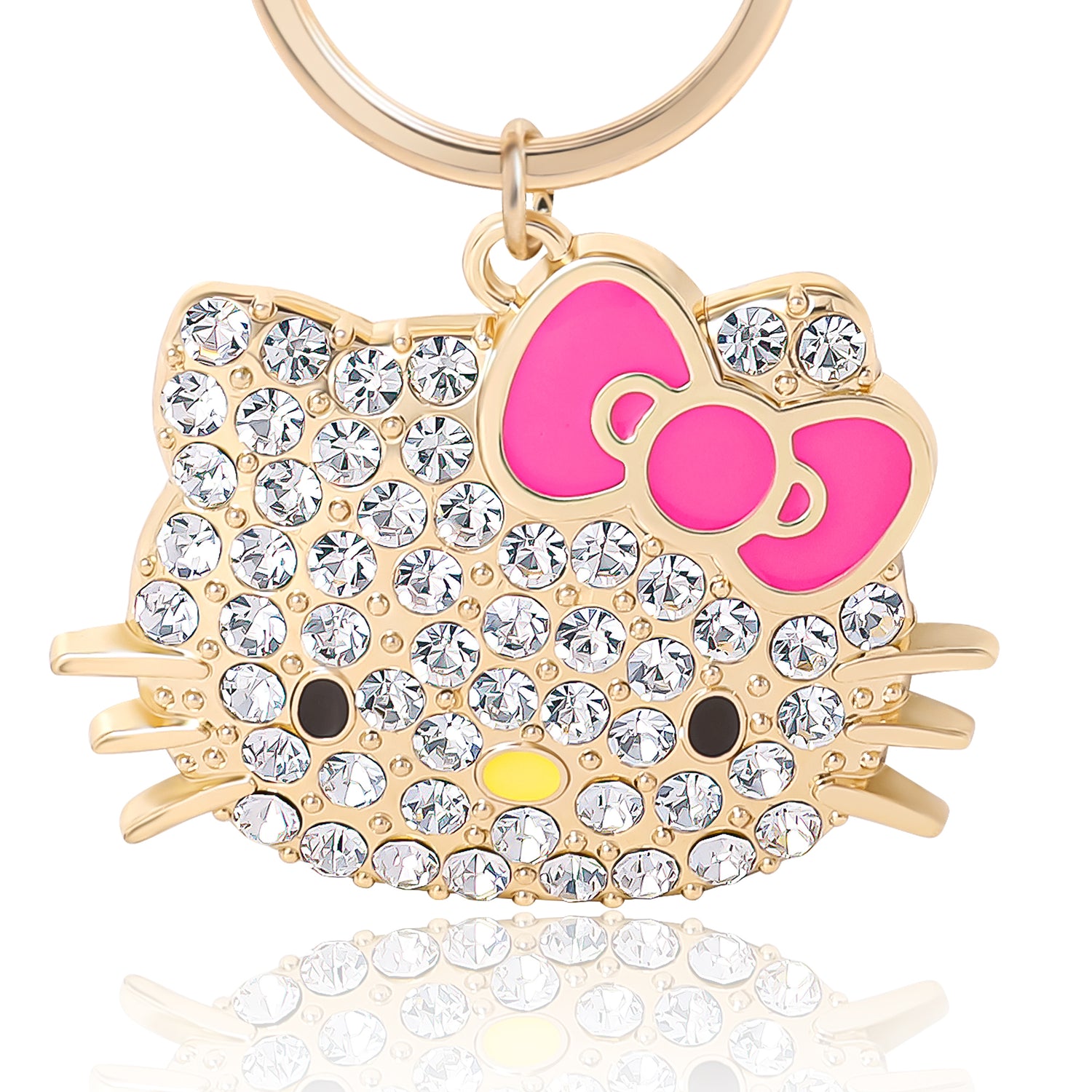 Hello Kitty Keychain with Pink Bow Official License, Pave Crystal Bling Sanrio Keychain with Lobster Clip (Hot Pink) - Yellow - Clear Crystal