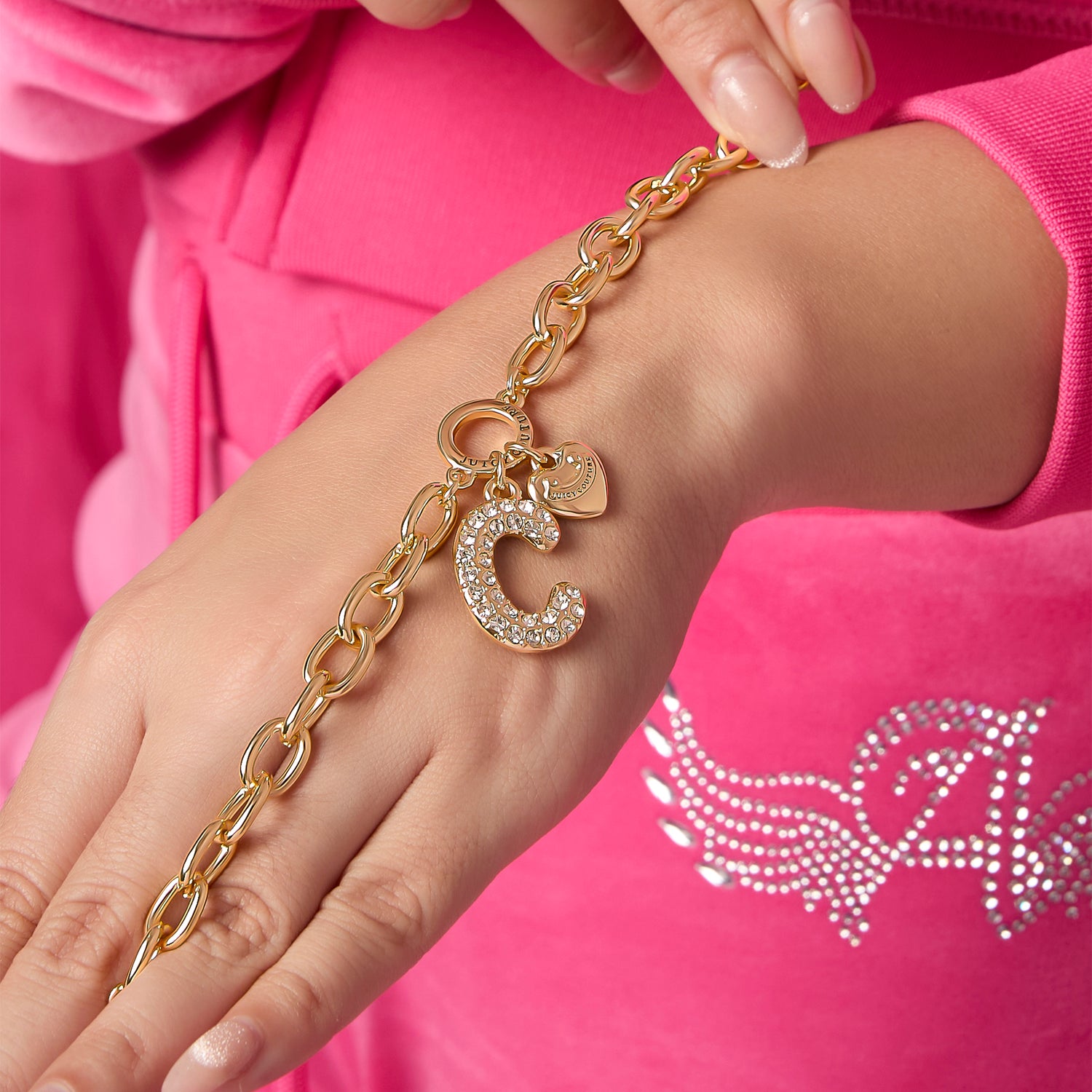 Juicy Couture Pavé Initial Charm Bracelet - 7.5'' Gold Tone Link