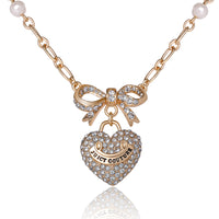 Juicy Couture Necklace Gold Tone 18"+2", Heart Charm Necklace for Women with Bow, Faux Pearls, and Clear Stones