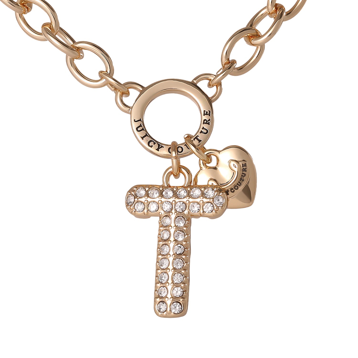Juicy Couture Bubble Letter Necklace for Women with Clear Stones 18"+2", Chunky Initial Necklace Gold-Tone - T