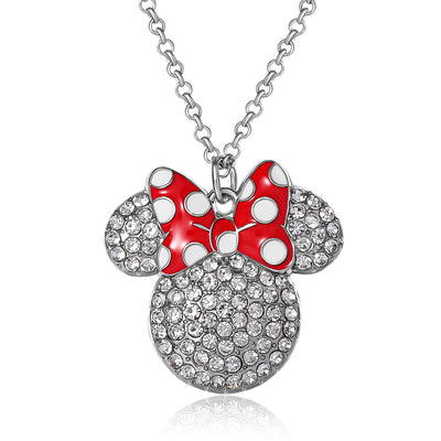 Disney Minnie Mouse Fashion Red Polka Dot Bow Crystals Pave Necklace