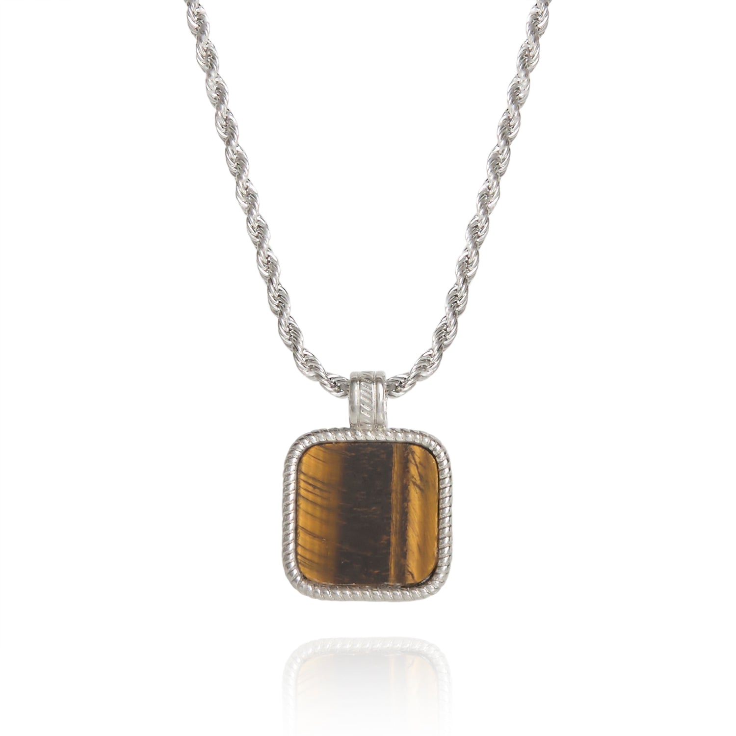 Lucky Brand Mens Stainless Steel Necklace with Tigers Eye Pendant
