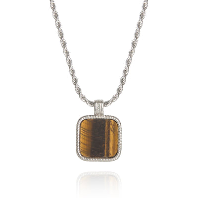 Lucky Brand Mens Stainless Steel Necklace with Tigers Eye Pendant